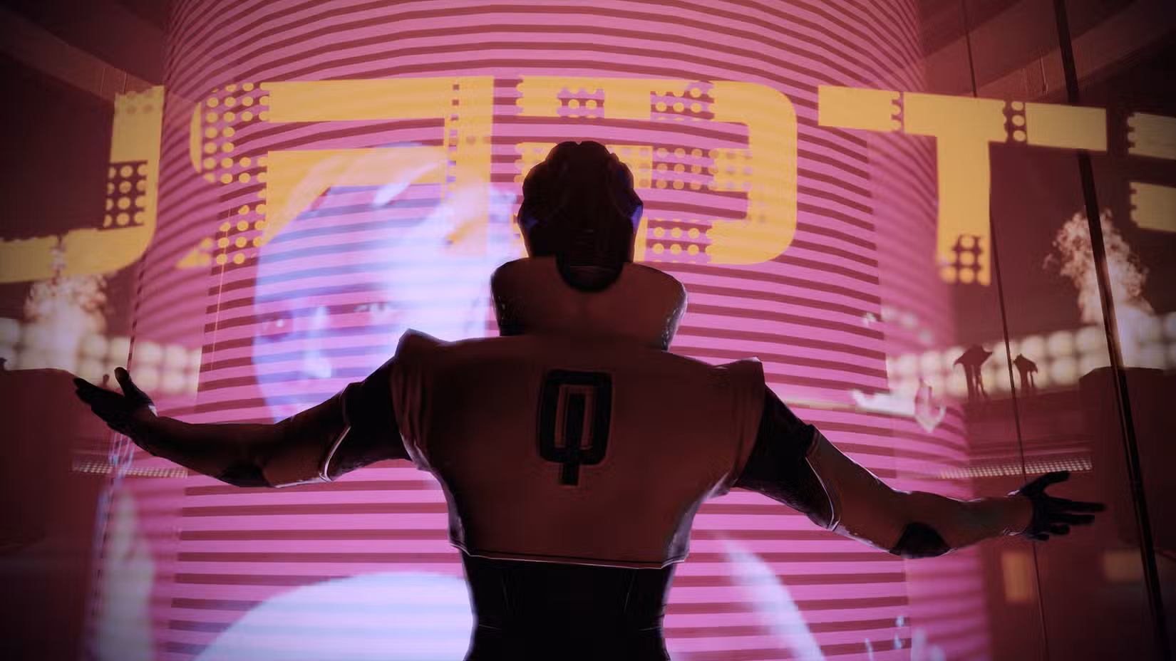 A silhueta de Aria contra luzes de néon roxas com os braços abertos na frente de Afterclare declarando que ela é a própria Omega de Mass Effect 2