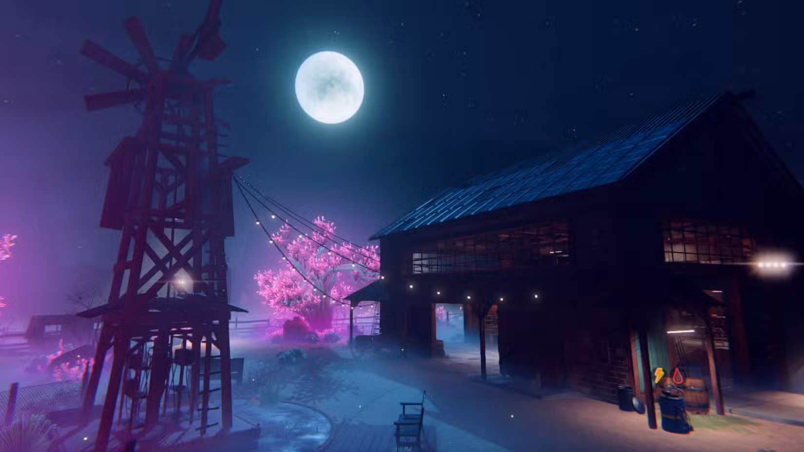 Uma captura de tela do Bounty Star mostrando a fazenda à noite