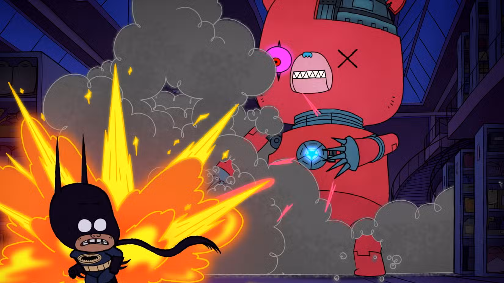 Damian Wayne foge de um ursinho de pelúcia ciborgue gigante criado por Toyman em BAT-FAM