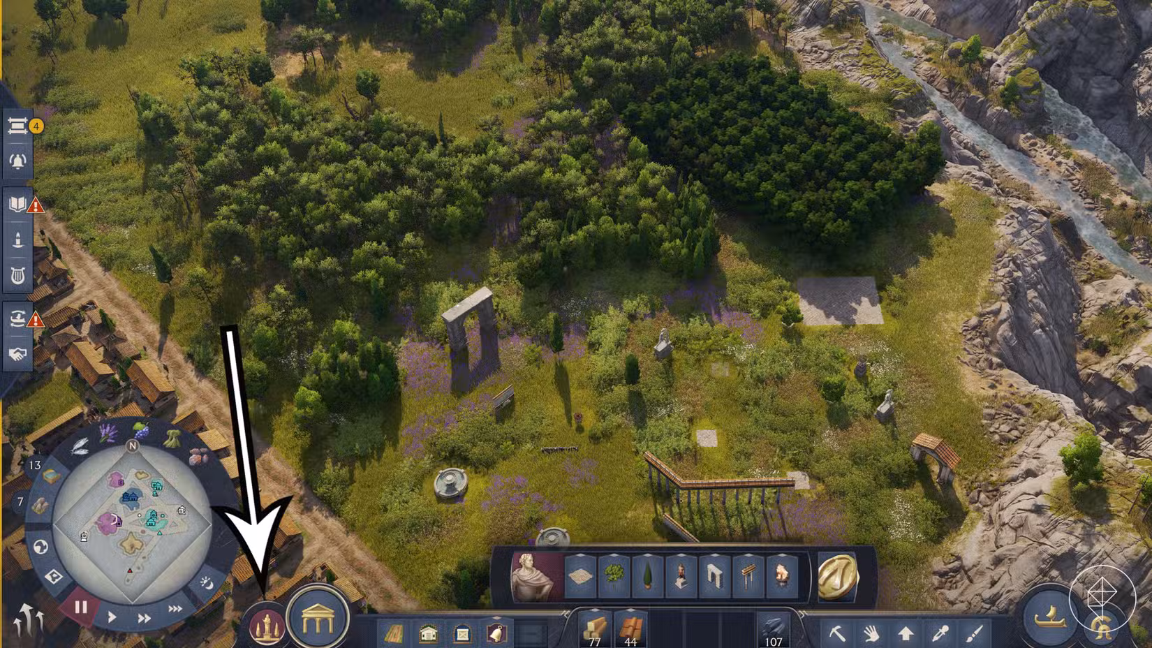 Uma seta aponta para o menu ornamental no Anno 117: Pax Romana.