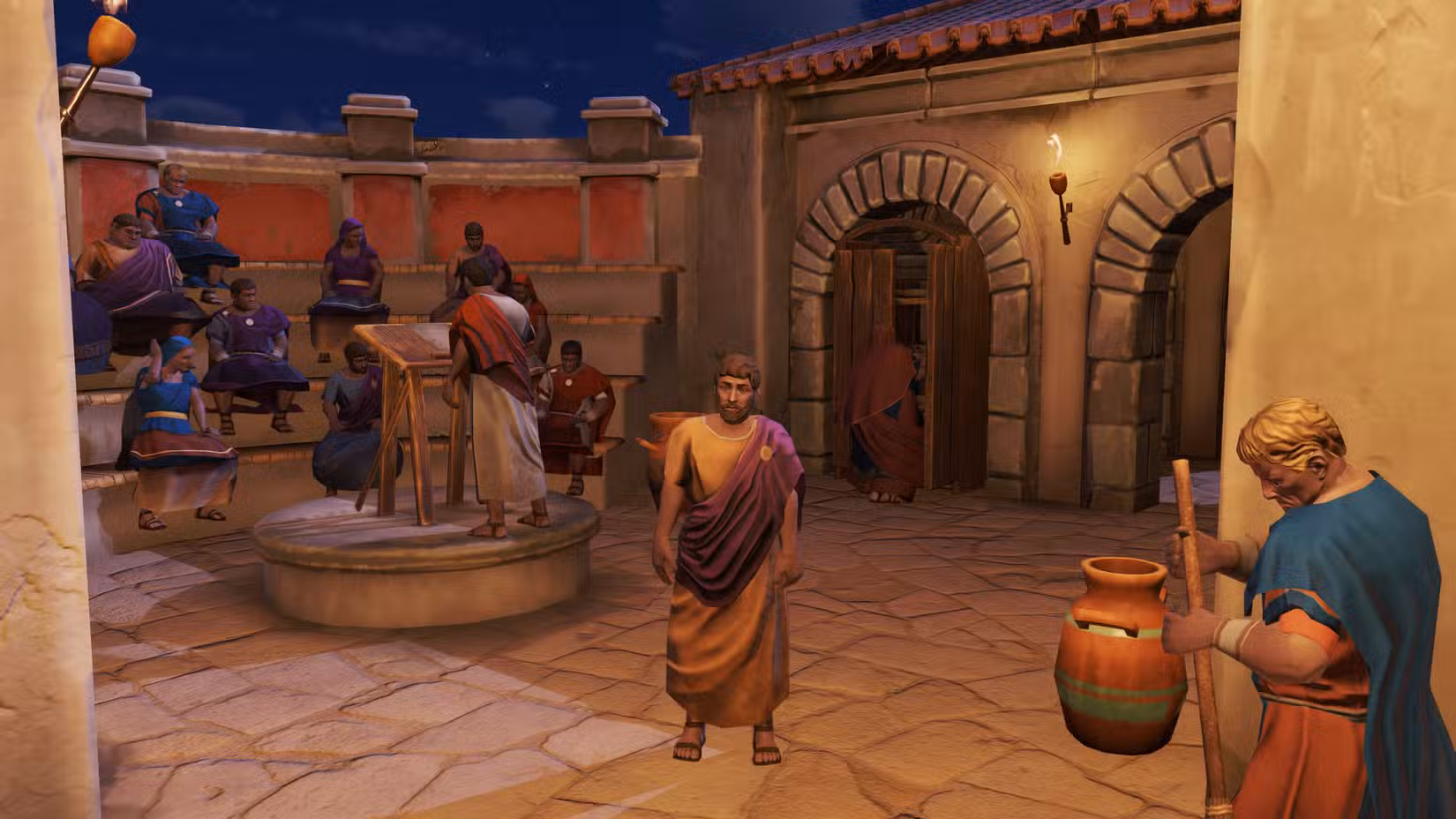 Um jogador andando em um prédio Grammaticus em Anno 117: modo de primeira pessoa de Pax Romana.