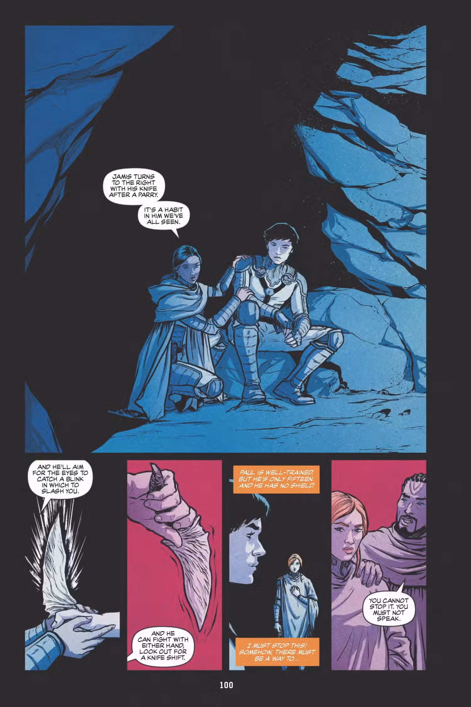 Chani dá conselhos a Paul sobre como duelar com Jamis em Dune: The Graphic Novel