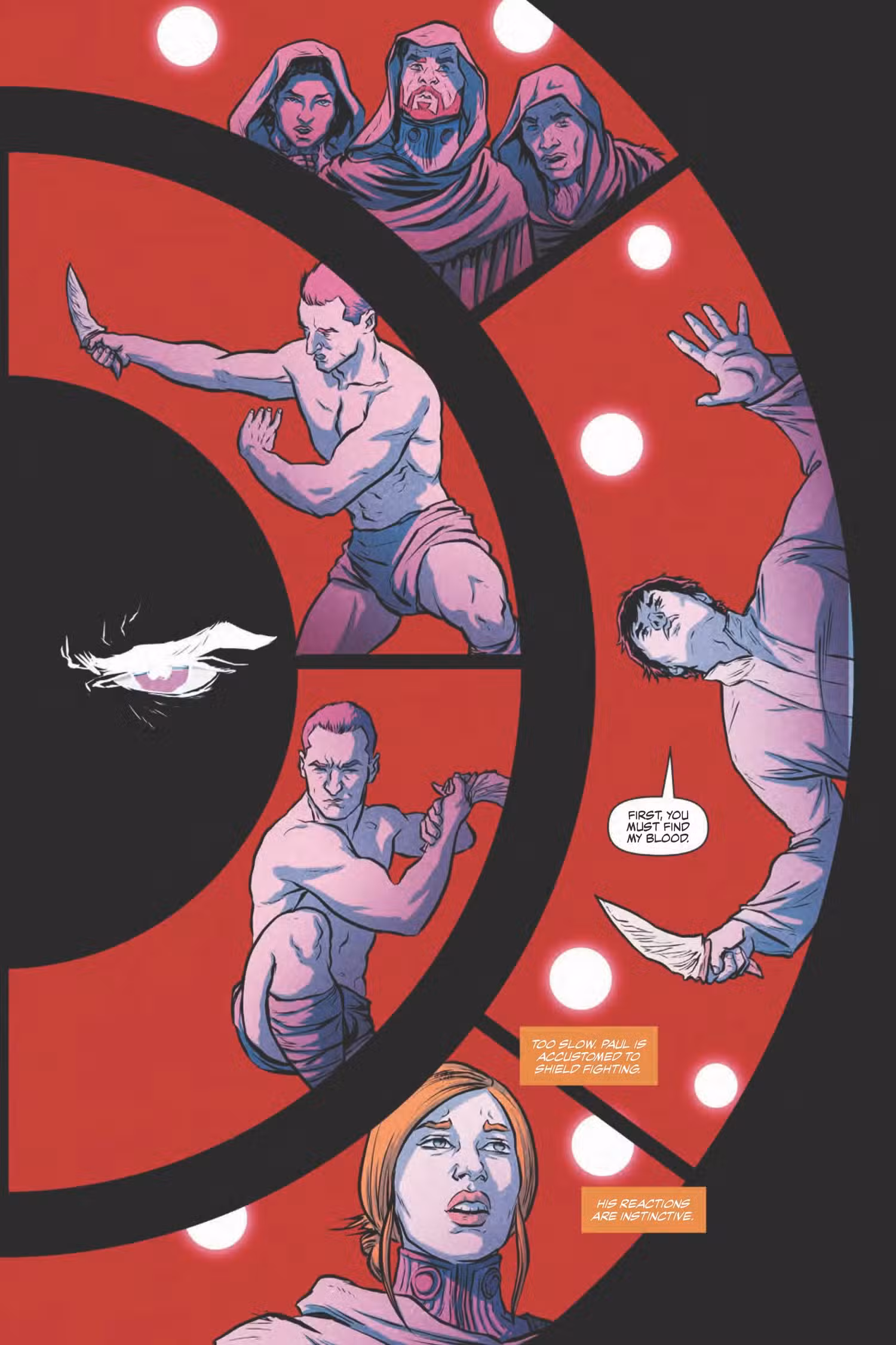 Lady Jessica se preocupa com o fato de Paul ser muito lento enquanto o observa duelar com Jamis