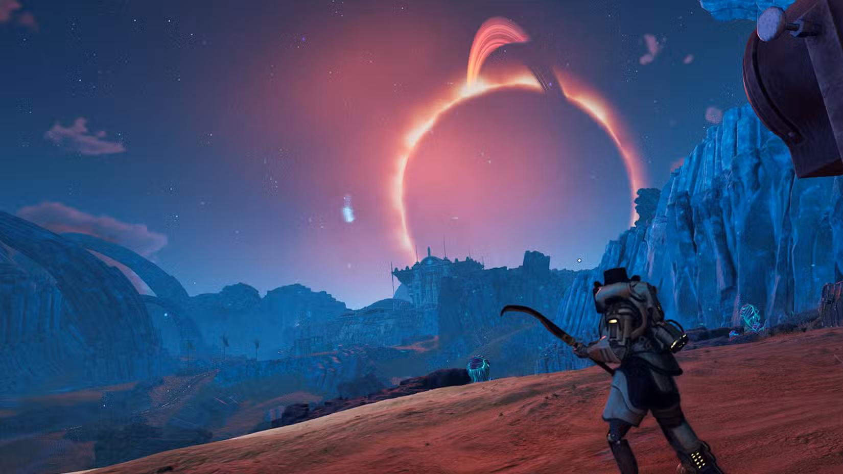 Uma captura de tela de The Outer Worlds 2 mostrando o personagem com um planeta no céu atrás dele.