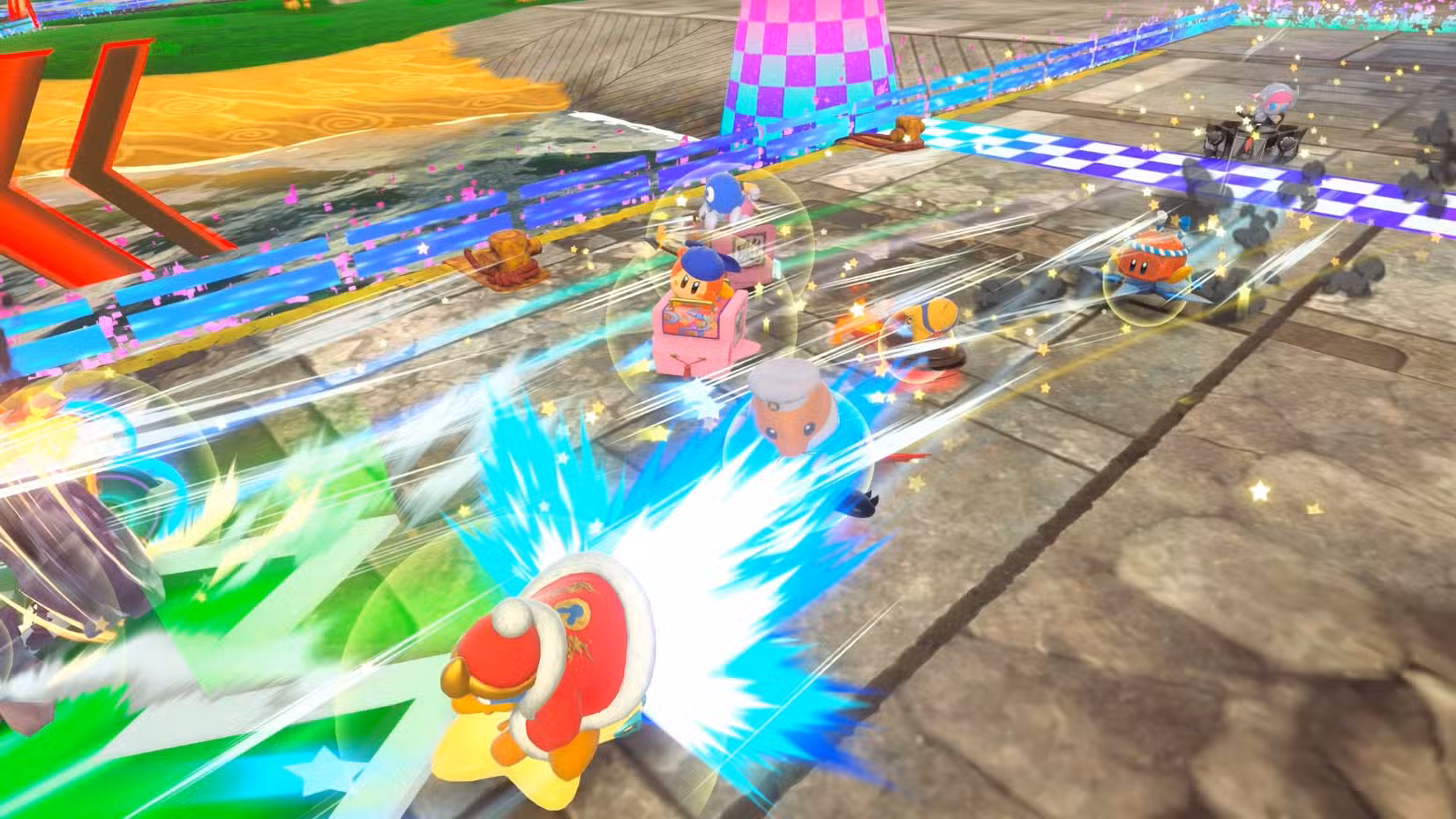Uma corrida curta em Kirby Air Riders com vários pilotos atirando no portão de largada.
