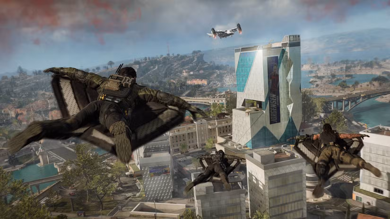 Três soldados planando pelo ar com wingsuits no modo Endgame do Black Ops 7.