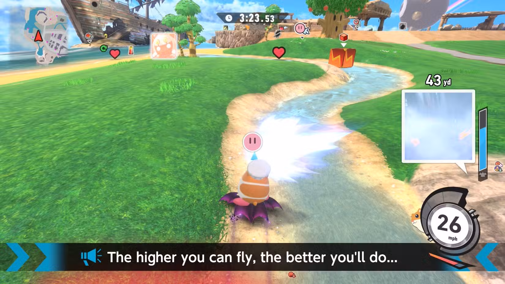 Rick recebe uma dica sobre o nível do estádio em Kirby Air Riders.