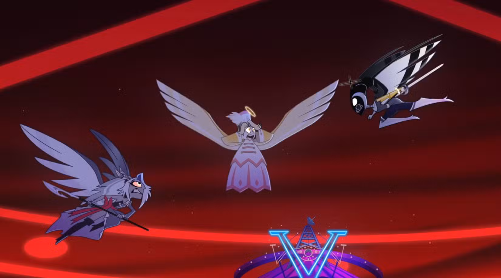 Vaggi e Lute, dois anjos armados, voam um em direção ao outro com a intenção de lutar enquanto Abel, um anjo gordinho preso no meio, agarra a cabeça em perigo na 2ª temporada do Hazbin Hotel