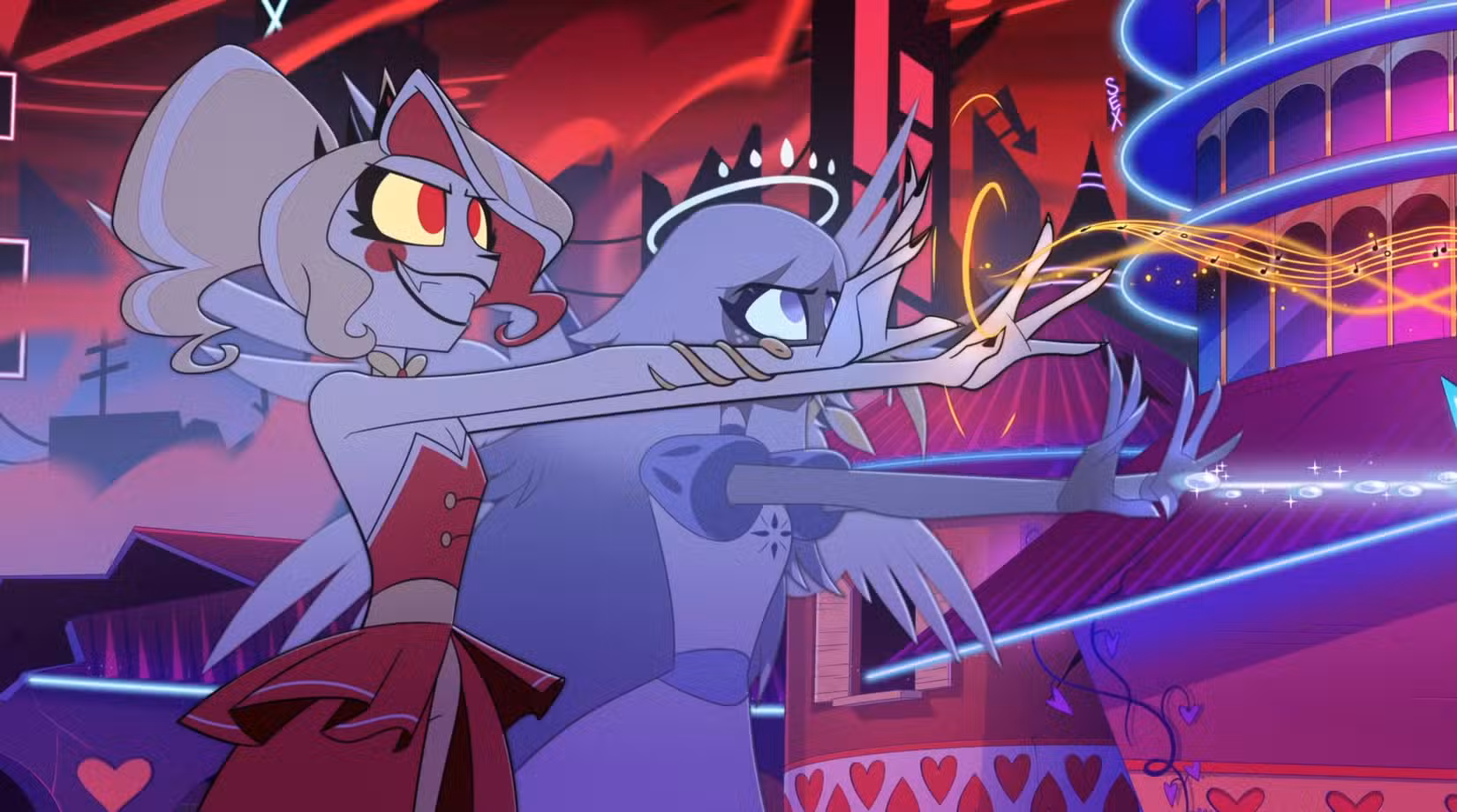 Charlie Morningstar, um demônio, e Emily, uma serafim, explodem energia em um alvo fora da tela no final da 2ª temporada do Hazbin Hotel. A energia de Emily parece um fluxo de bolhas, enquanto a de Charlie é uma pauta musical dourada com notas.