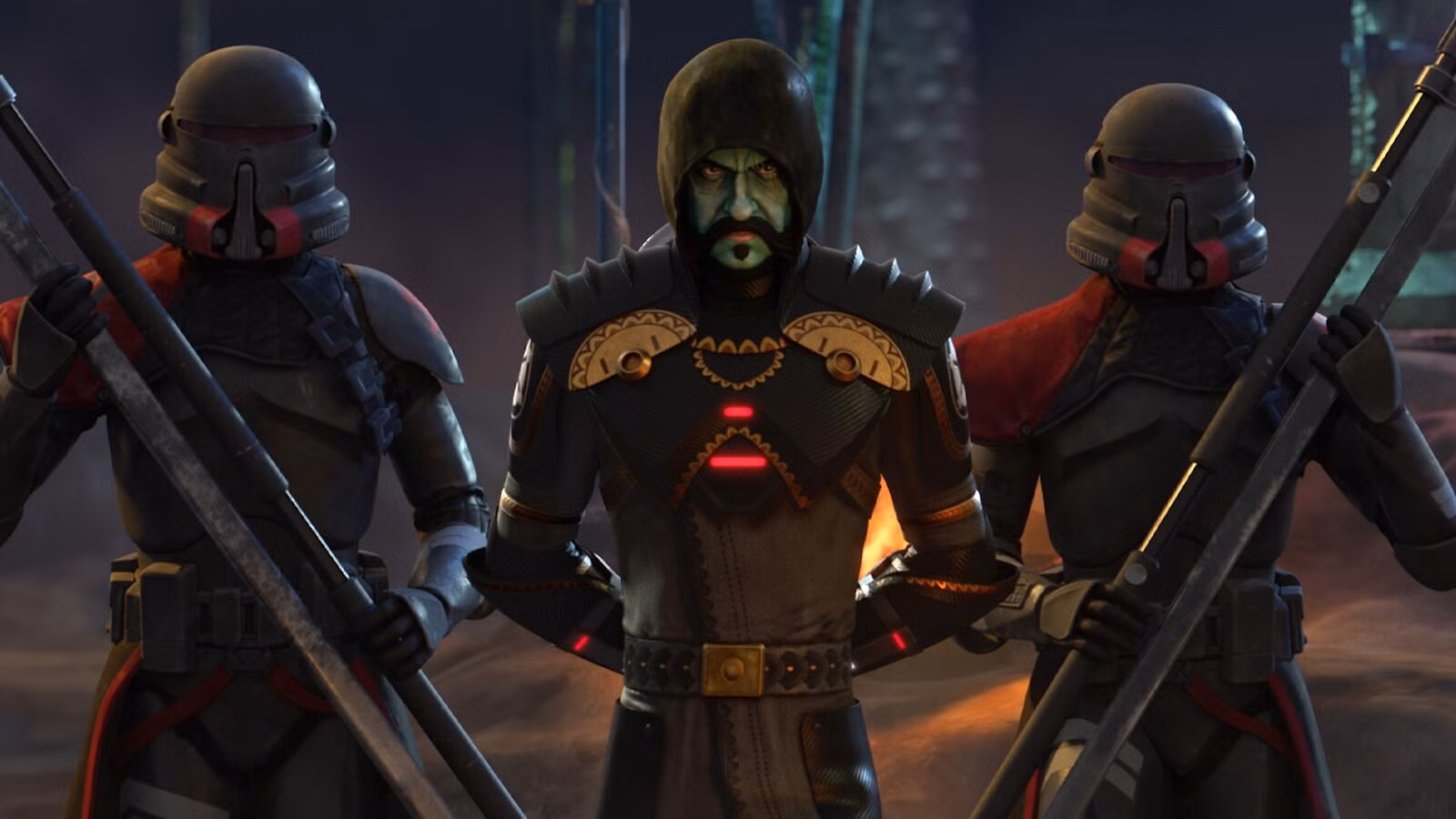 Um Inquisidor é flanqueado por dois Stormtroopers em uma imagem do episódio Star Wars Visions 