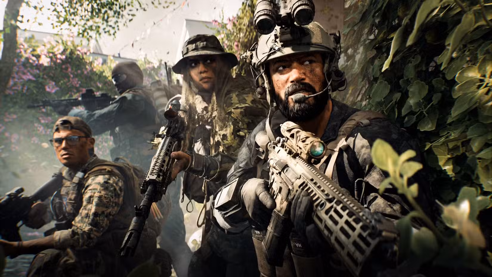 Quatro soldados acampam na arte principal da campanha do Battlefield 6