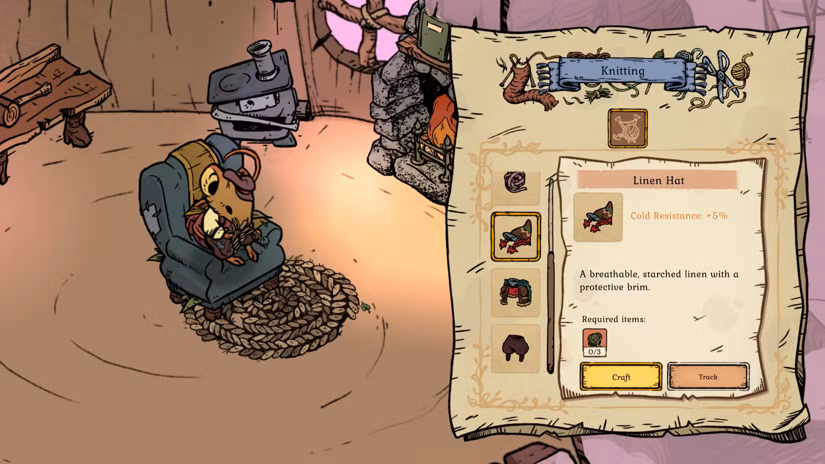 Um jogador tricotando em Winter Burrow.