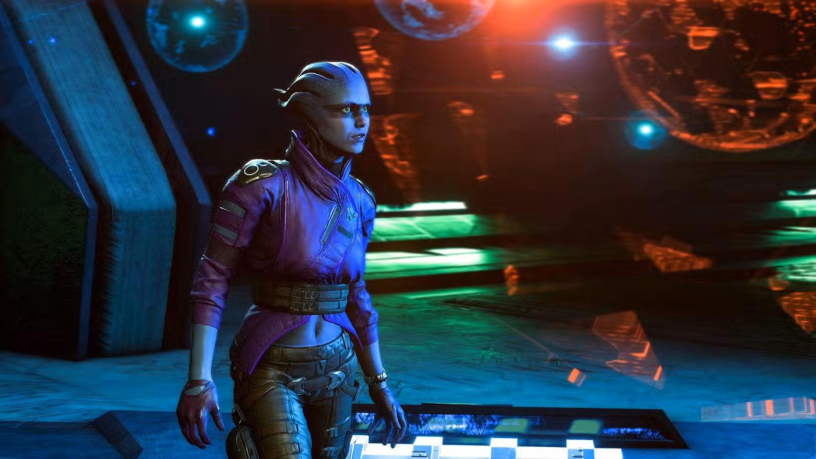 Peebee caminha na frente da tecnologia Asari em Mass Effect Andromeda