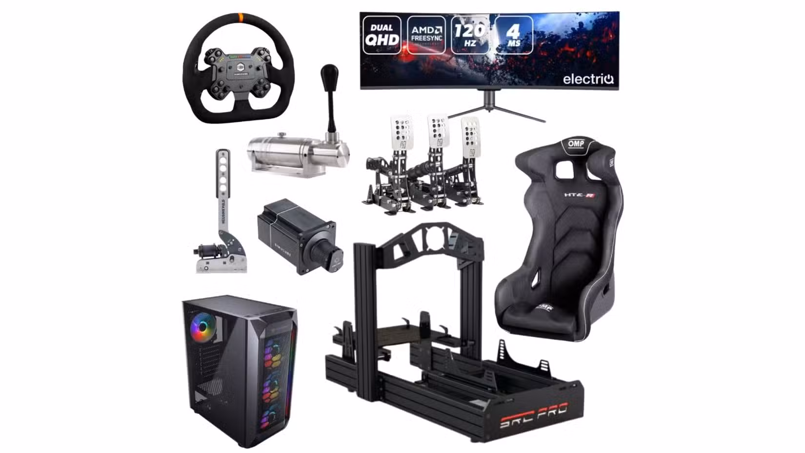 Peças do simulador de direção mostrando cadeira, computador, monitor e mecânica de direção