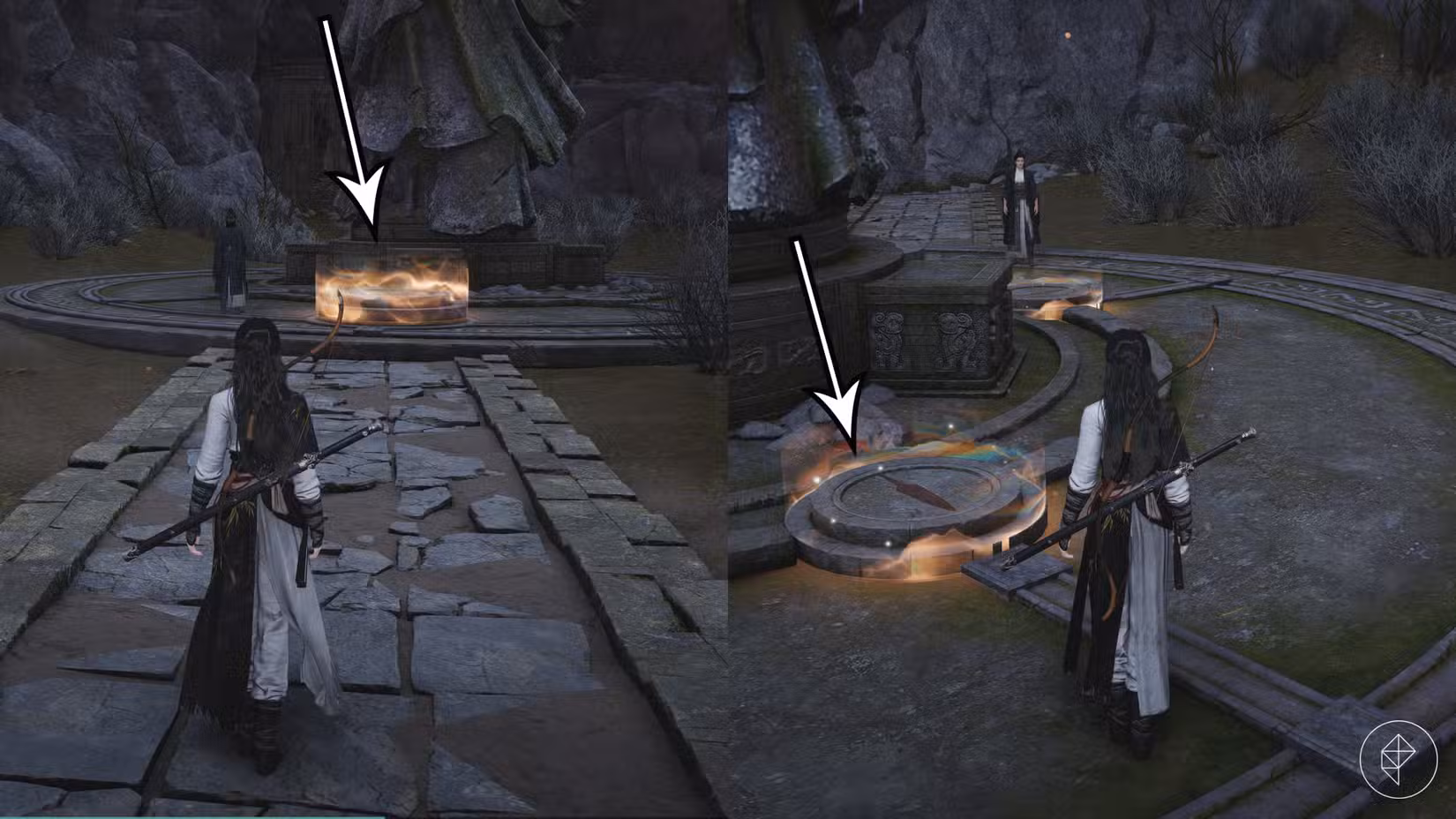 As setas apontam para a primeira parte da solução do quebra-cabeça do lago em Where Winds Meet.