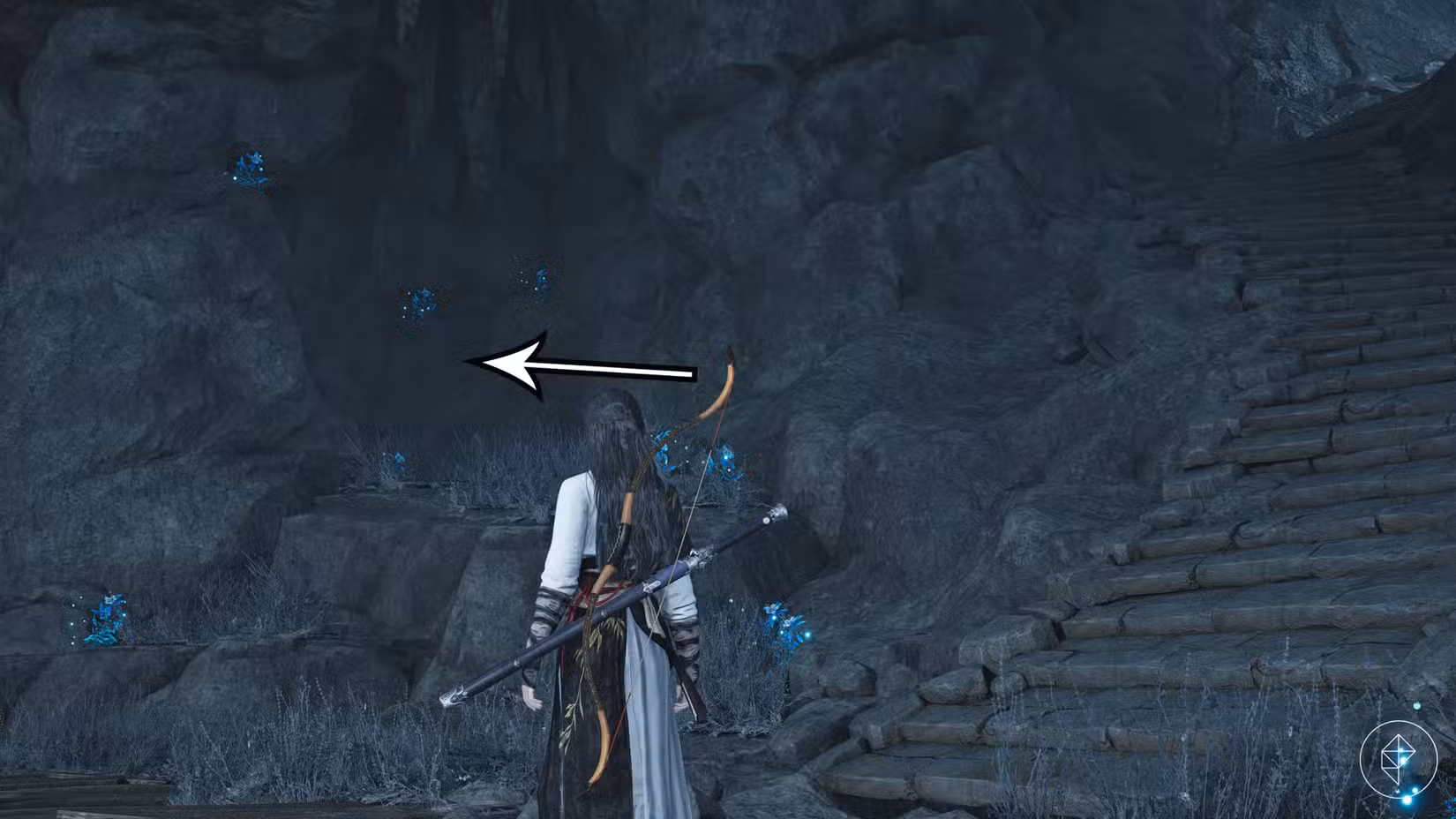 Uma entrada de caverna escondida encontrada durante a missão 'Blind to the World' em Where Winds Meet.