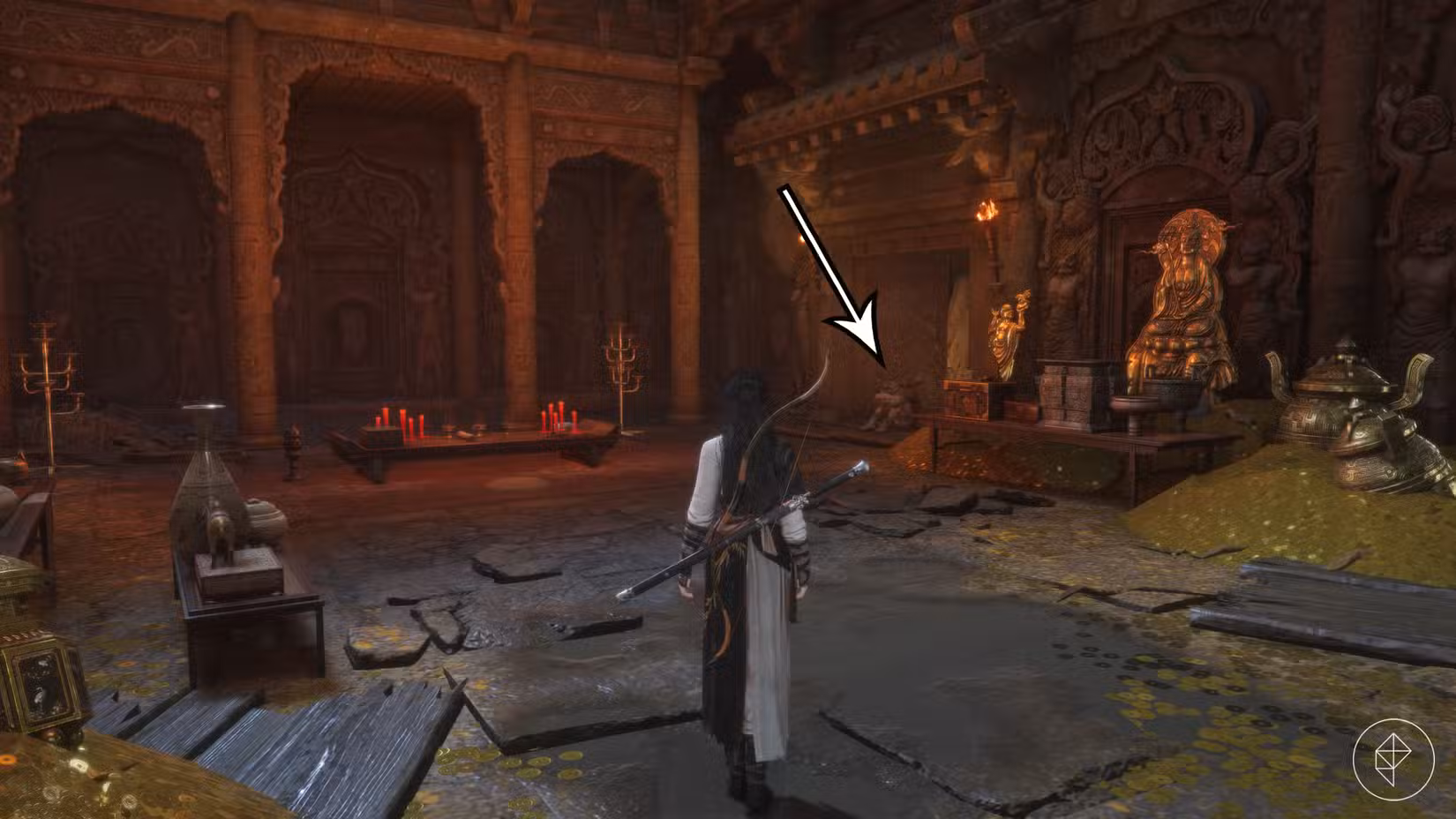 Uma seta aponta para Cheng Xin, que oferece uma mudança de aparência gratuita em Where Winds Meet.