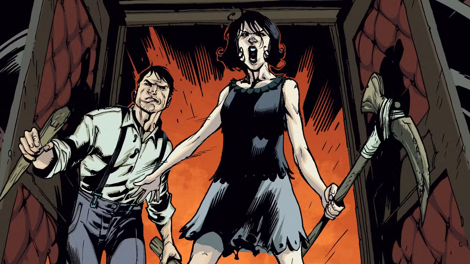 Henry Preston detém uma estaca e Pearl Jones segura uma foice em American Vampire