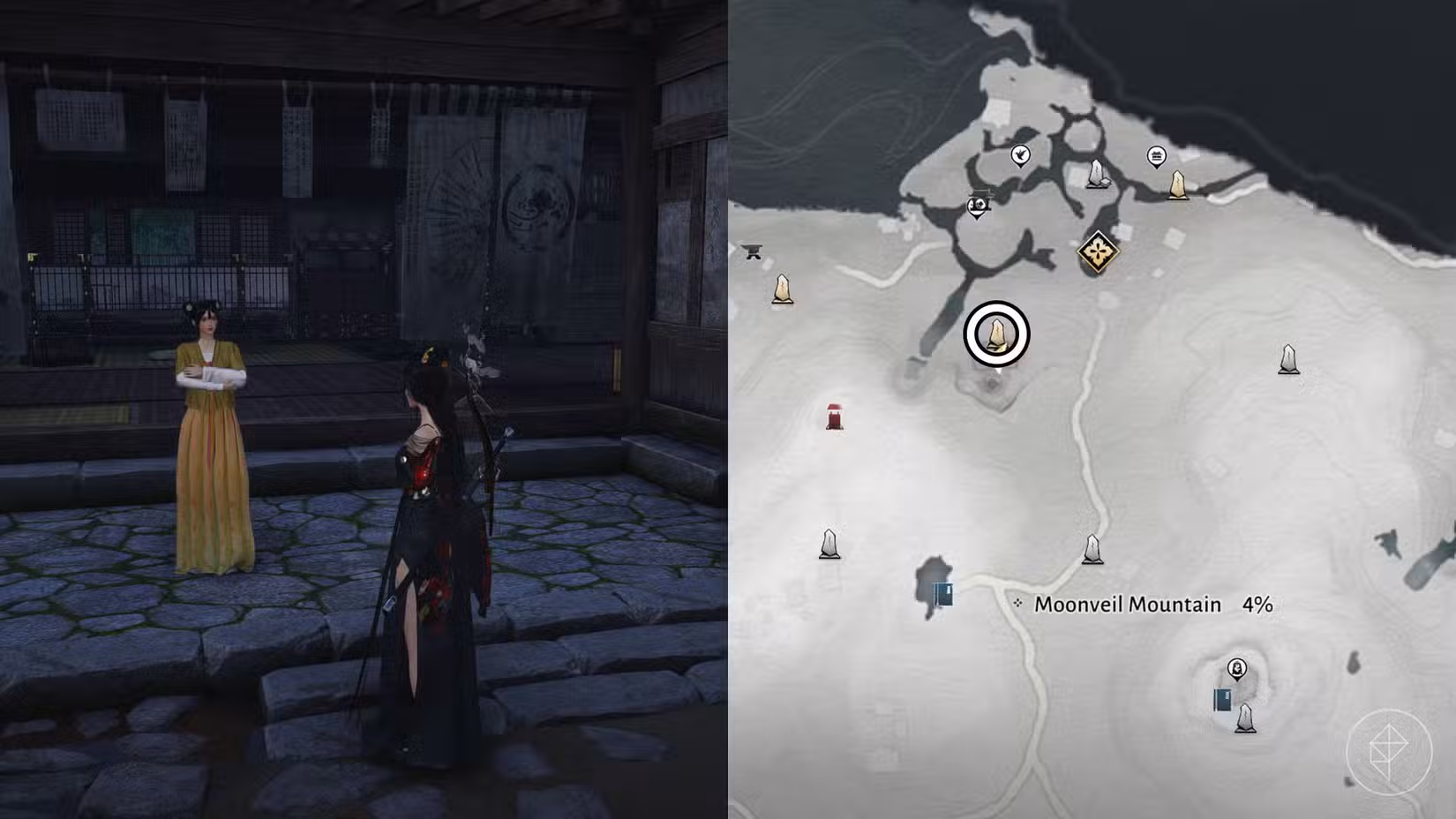 Uma montagem de duas capturas de tela de Where Winds Meed mostrando onde a Clínica Evercare está localizada