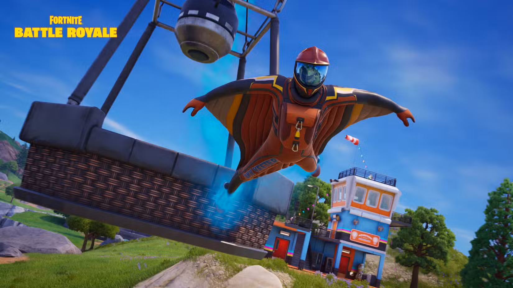 Um personagem usando um wingsuit em Fortnite.
