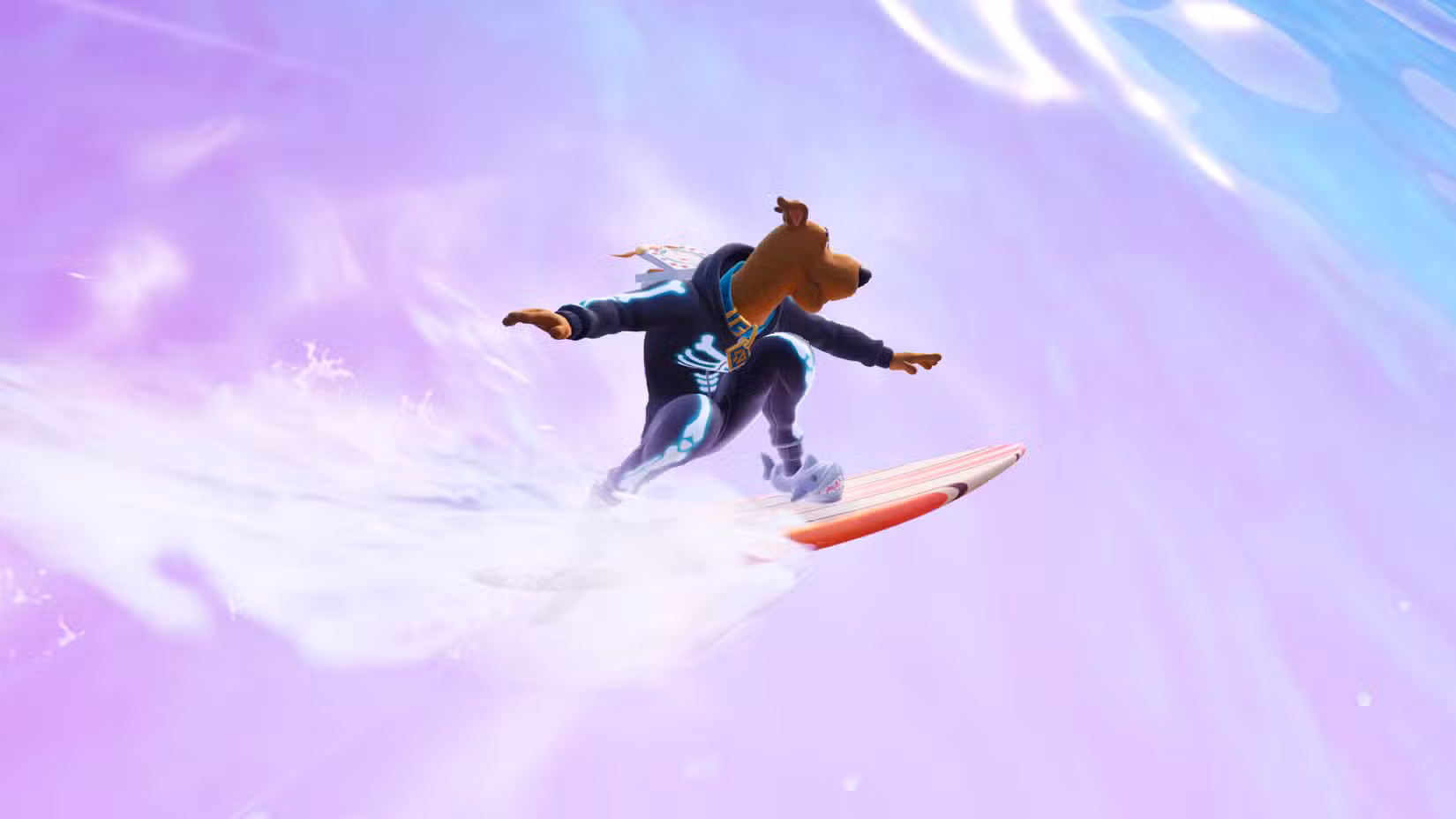 Scooby Doo surfando uma onda em Fortnite.