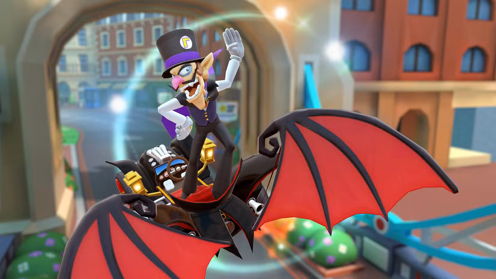 Waluigi vestindo uma fantasia de vampiro do Mario Kart World Tour