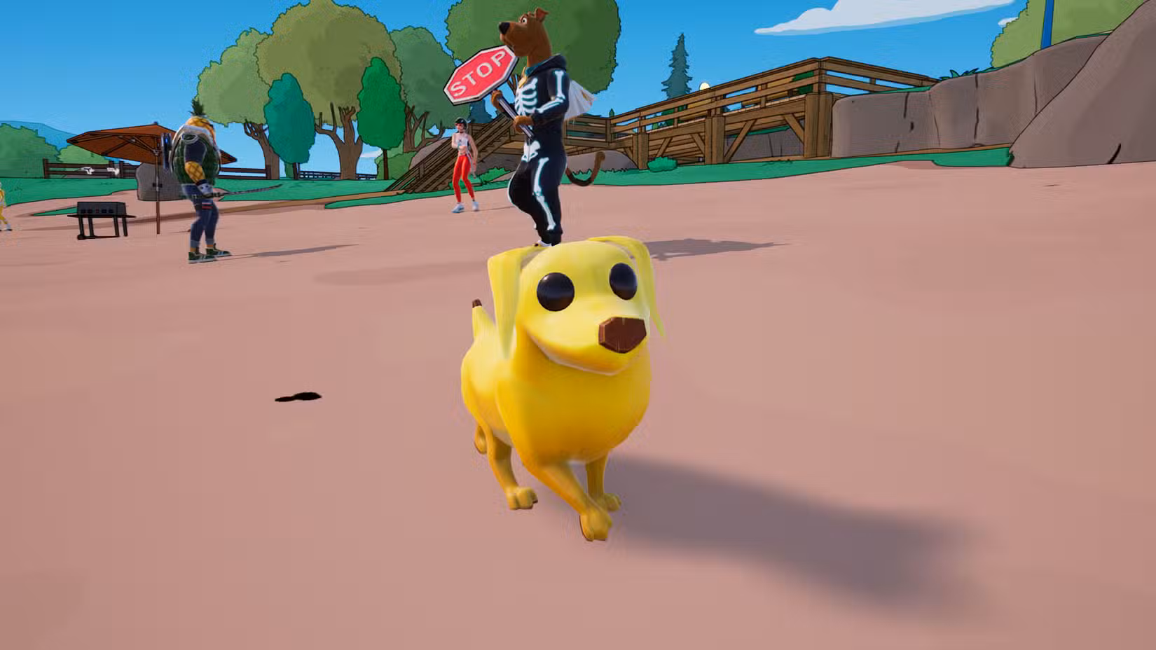 Peels, o cachorro banana Sidekick, com orelhas caídas em Fortnite.