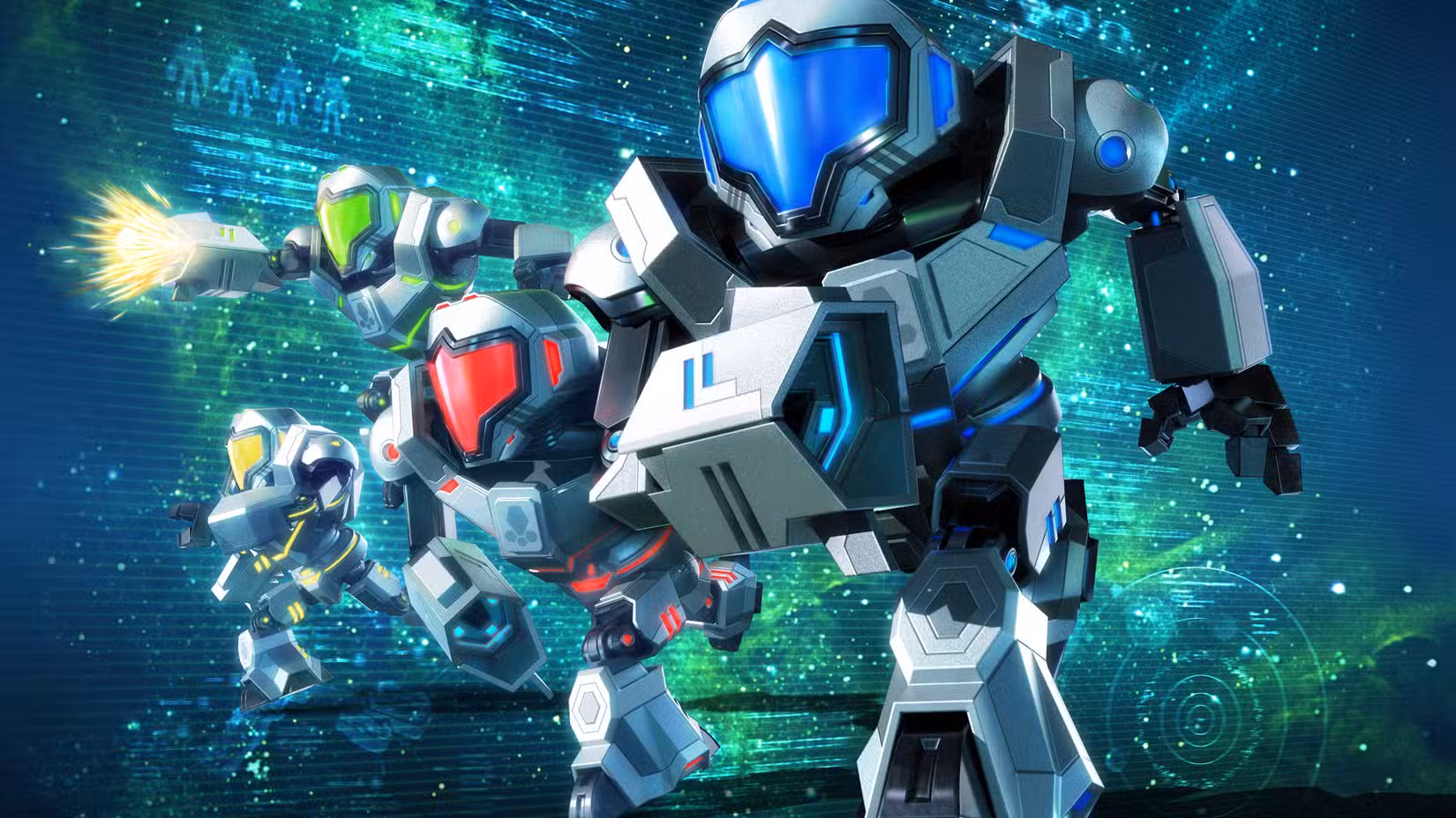 Soldados da Força da Federação posam em Metroid Prime: Federation Force.