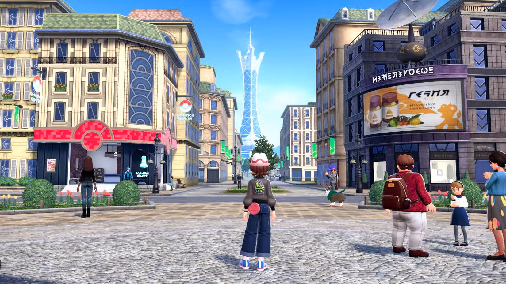 Protagonista de Pokémon Legends ZA parado nas ruas de Lumiose com a torre ao longe.