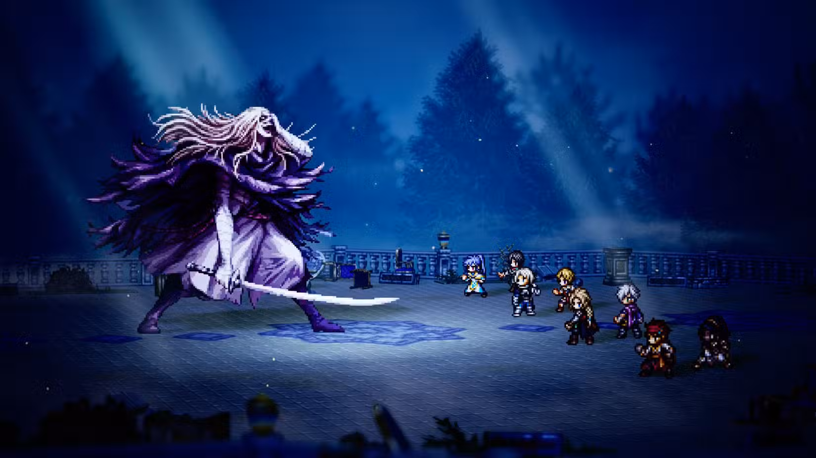 Uma captura de tela do Octopath Traveler 0 mostrando oito personagens lutando contra um homem alto e loiro