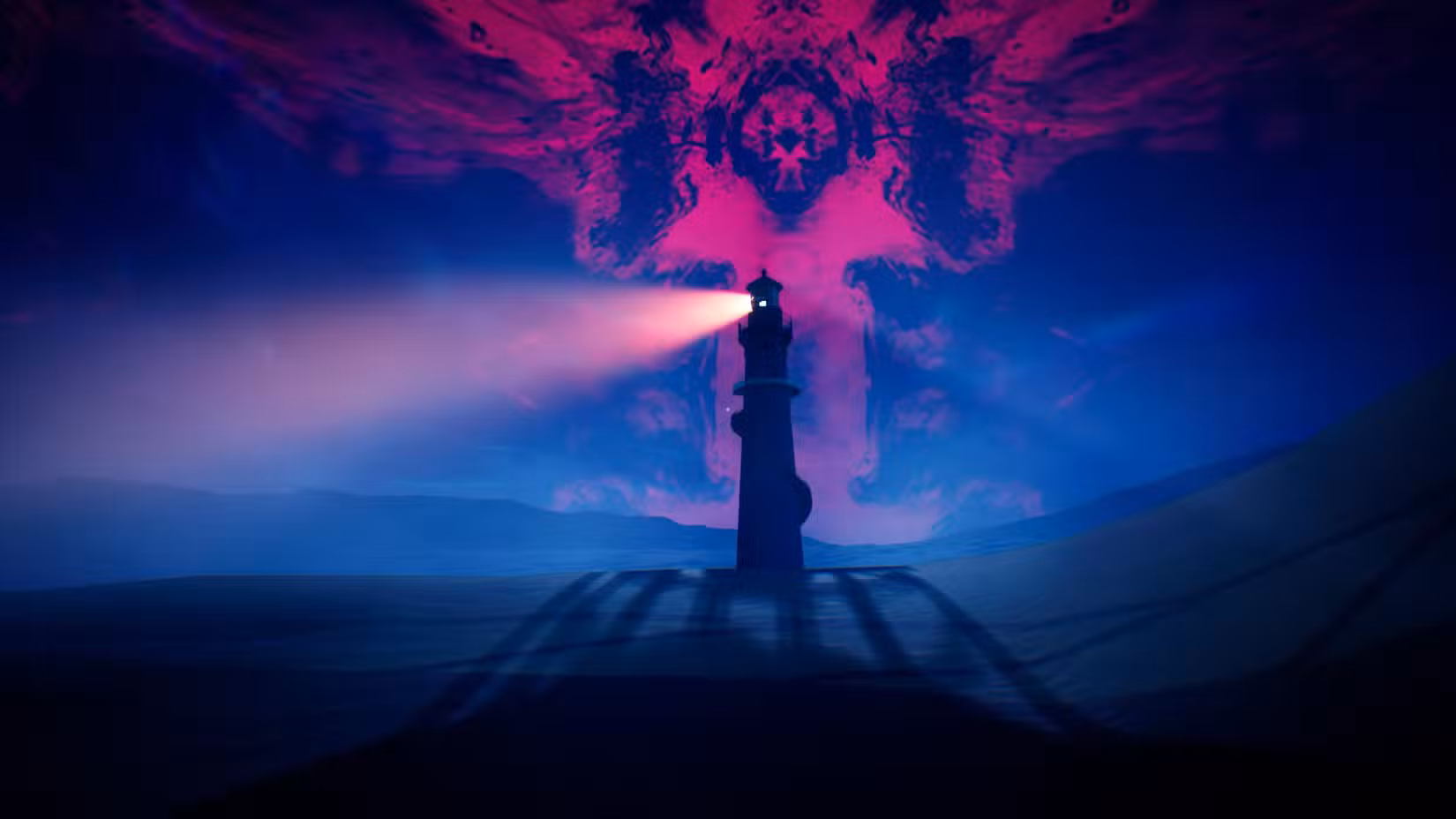 Um farol fica no meio de um deserto à noite, com um teste de rorshach no céu atrás dele.