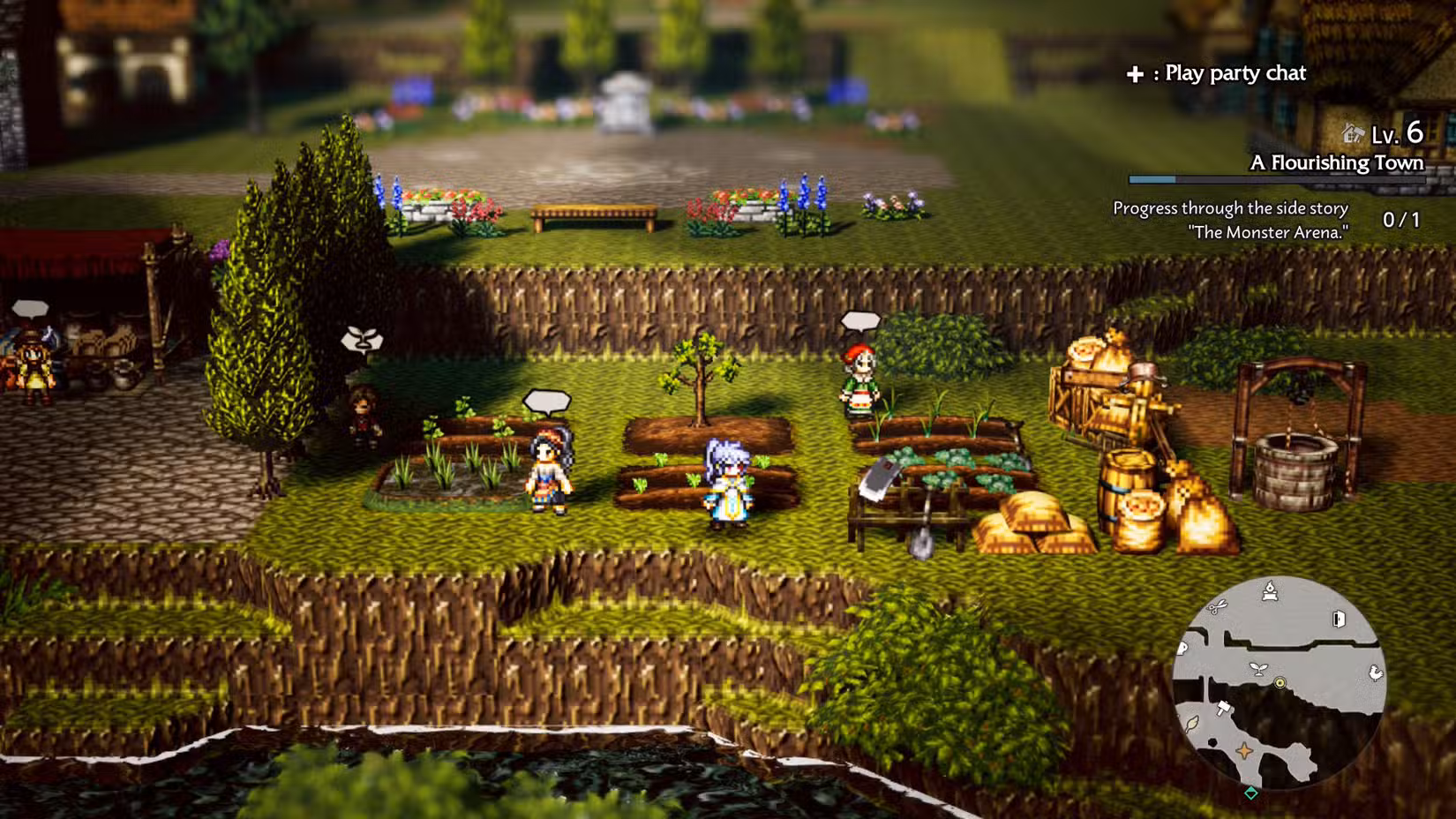 Uma captura de tela do Octopath Traveler 0 mostrando a pequena fazenda do jogo