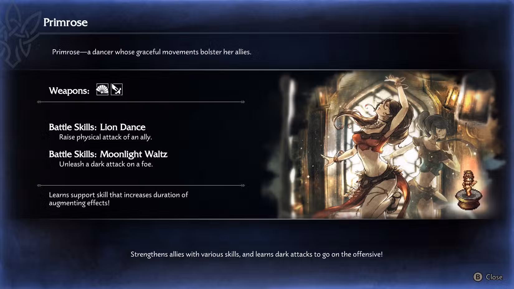 Uma captura de tela do Octopath Traveler 0 mostrando o kit de Primrose