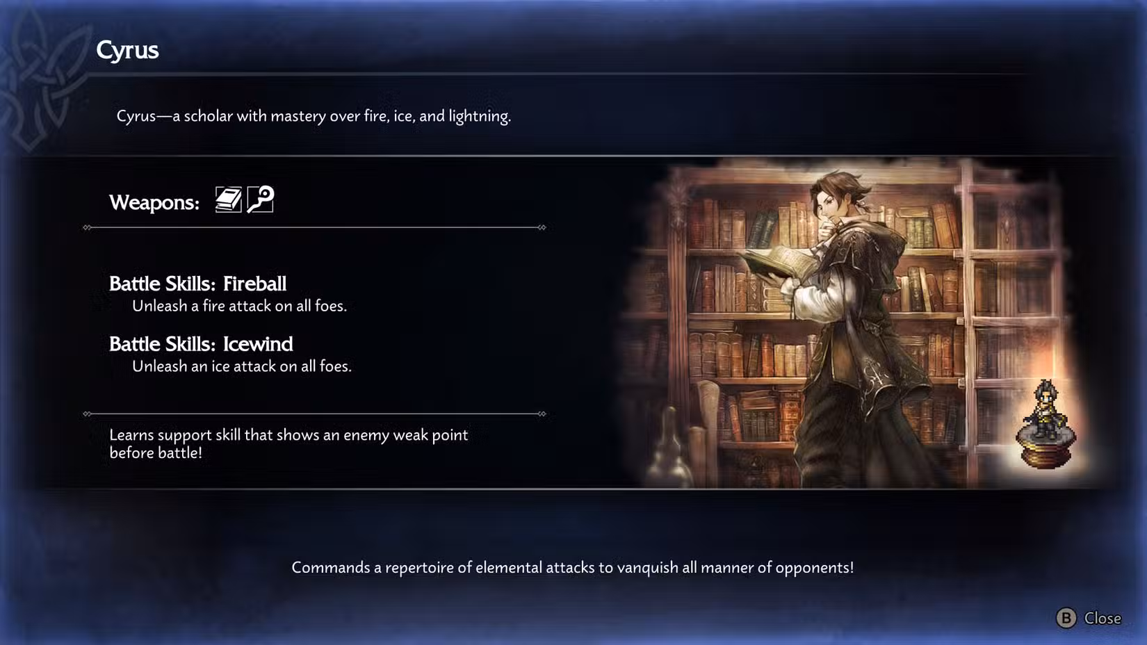 Uma captura de tela do Octopath Traveler 0 mostrando o kit de Cyrus