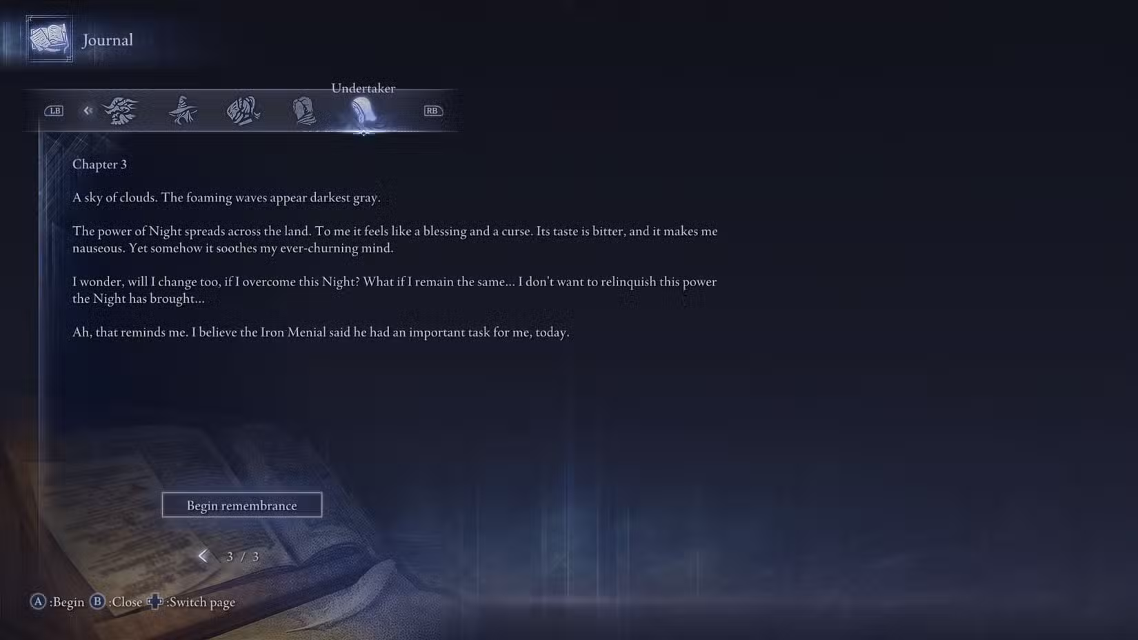 Uma captura de tela de Elden Ring Nightreign mostrando o capítulo 3 do diário do Undertaker