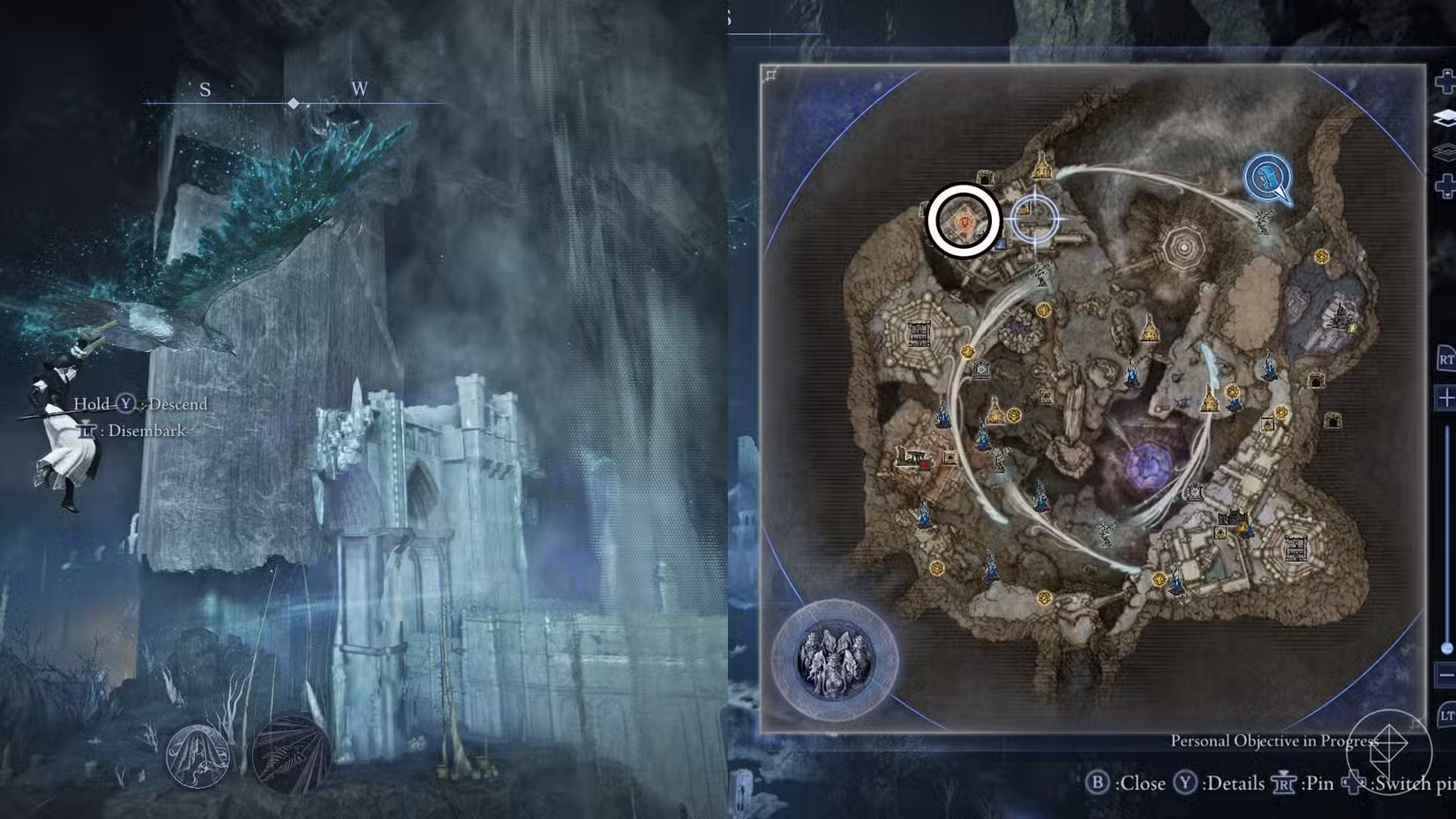 Uma montagem usando duas capturas de tela de Elden Ring Nightreign mostrando a localização do Scholar no capítulo 5 da missão de lembrança do Undertaker