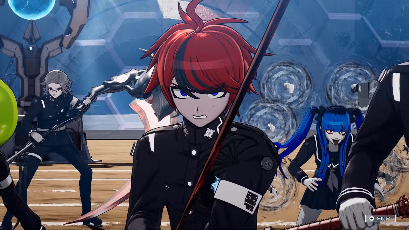 Takumi, Darumi e Eito entrando em batalha na Last Defense Academy