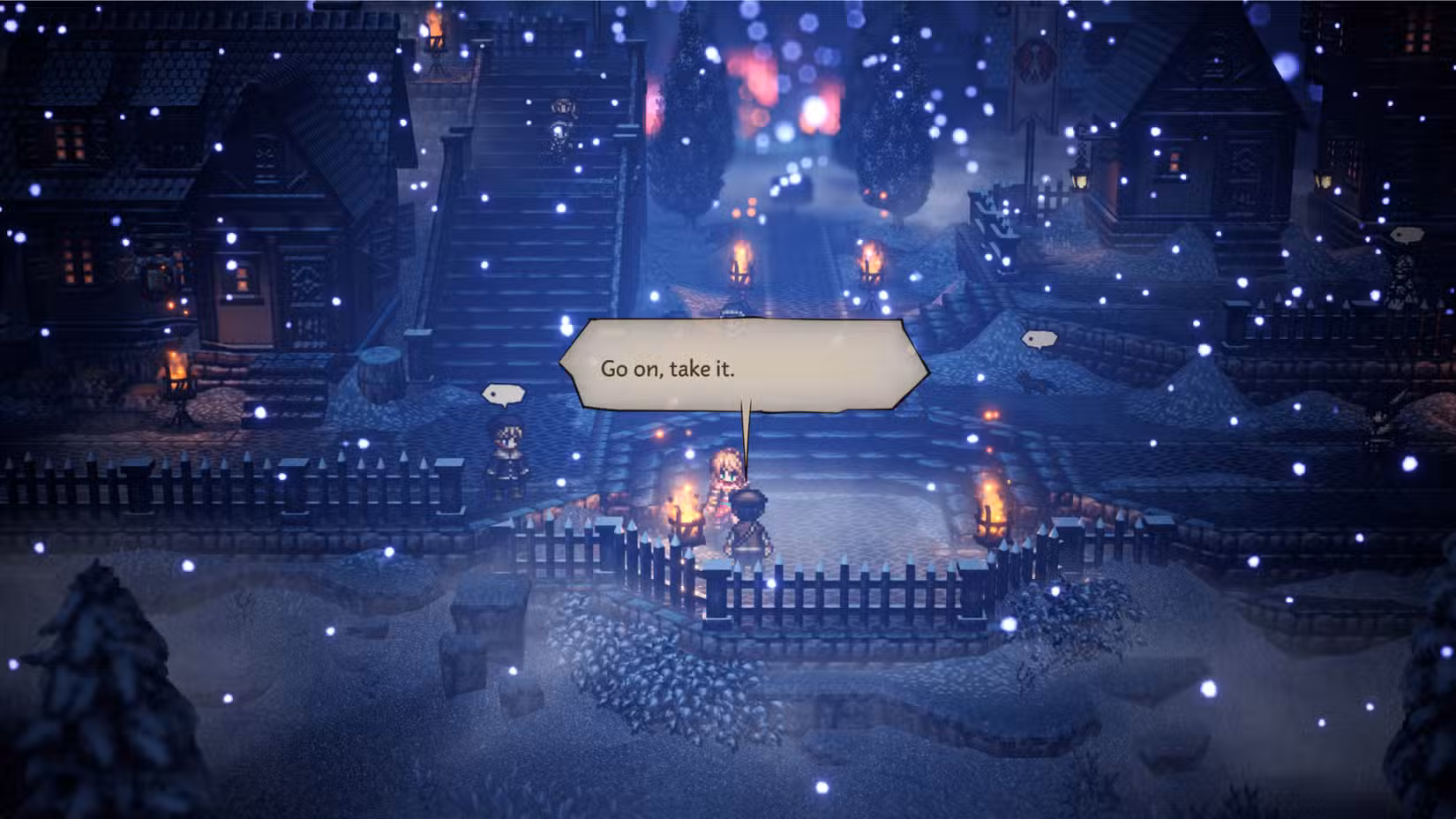 Um jogador recebe um item de um NPC em Octopath Traveler 0.
