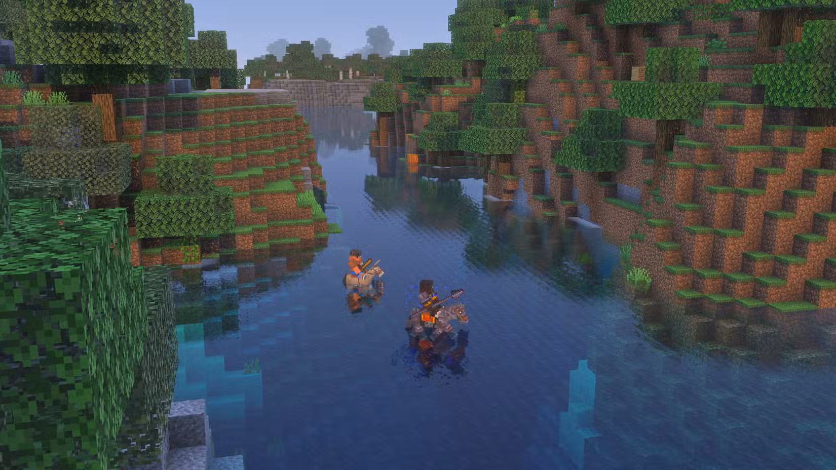 Dois cavalos atravessando um lago no Minecraft