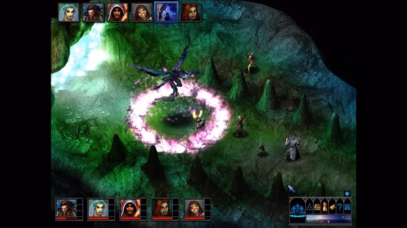 Uma captura de tela do jogo do remake de The Temple of Elemental Evil com os jogadores lutando contra um demônio
