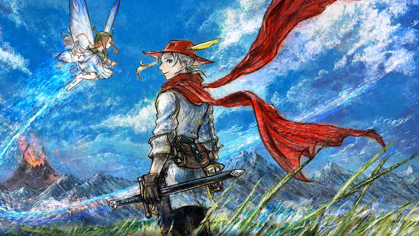 A arte oficial de As Aventuras de Ellion: Os Contos do Milênio mostrando Elliot, um homem com chapéu e lenço vermelho segurando uma espada enquanto olha para uma fada que voa ao lado dele.