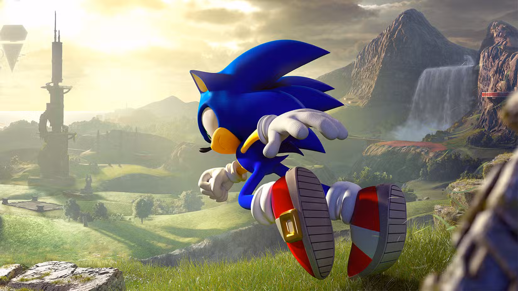Sonic the Hedgehog corre em direção ao horizonte das Ilhas Starfall na arte de Sonic Frontiers.