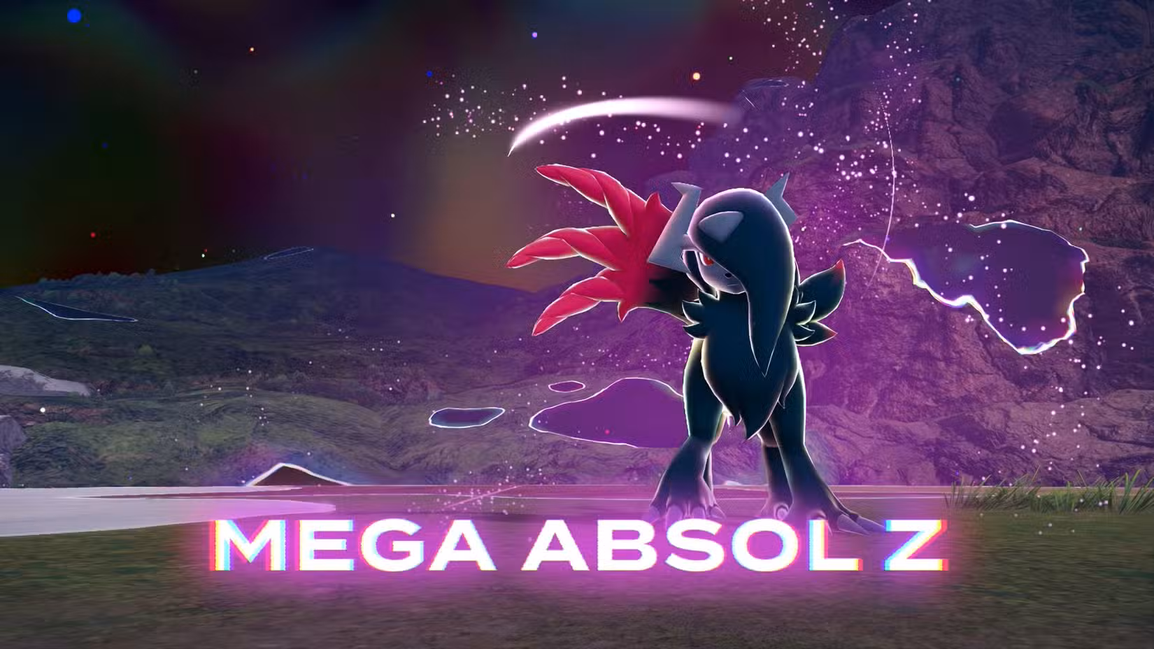 Mega Absol Z, como visto em Pokémon Legends: ZA. É preto com uma enorme asa vermelha em forma de garra saindo de suas costas.