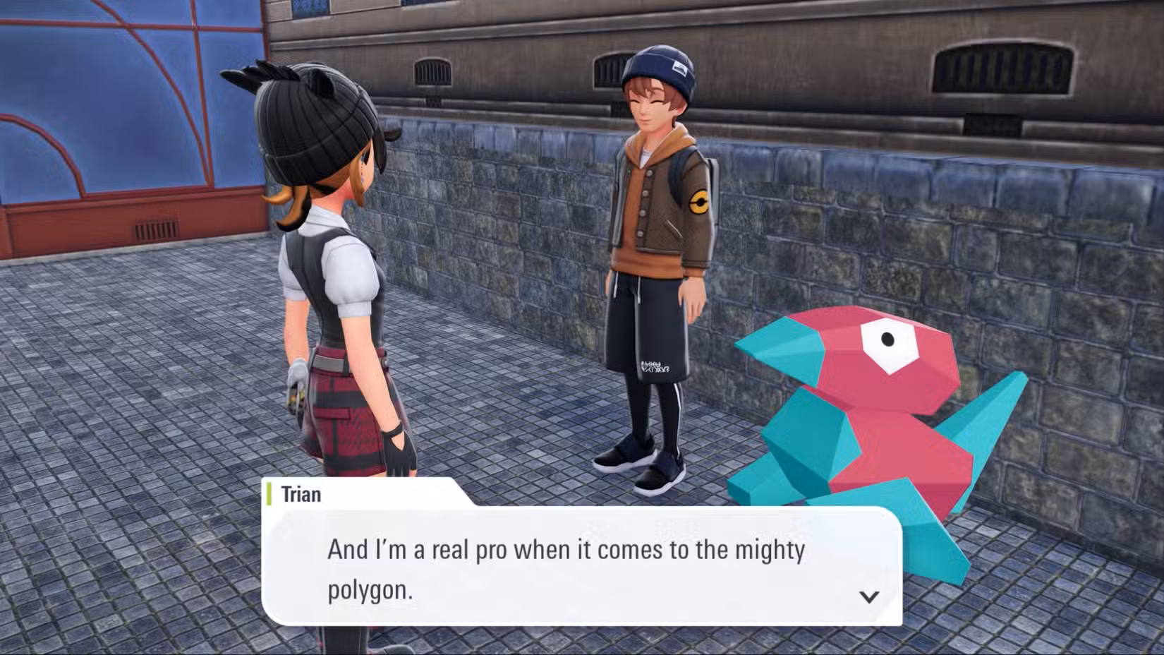 Um treinador diz que ele é um "verdadeiro profissional" quando se trata de polígonos, com um Porygon próximo a ele, em Pokémon Legends: ZA.