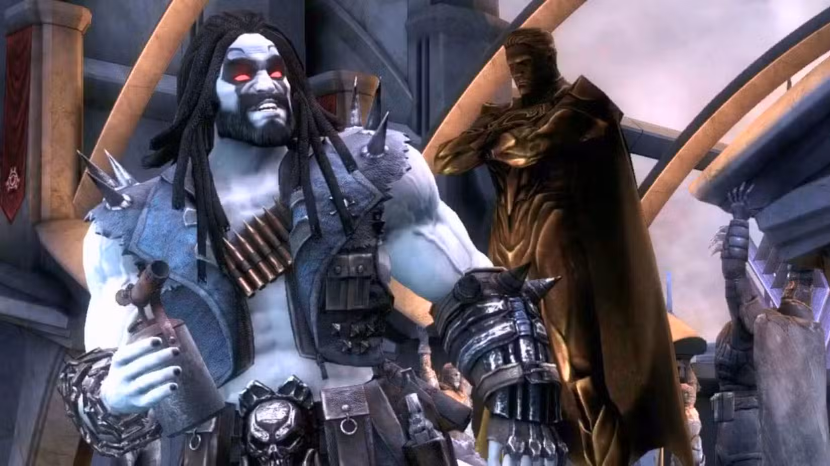 Uma imagem do videogame NetherRealm Studios Injustice. Mostra Lobo em couro pesado.