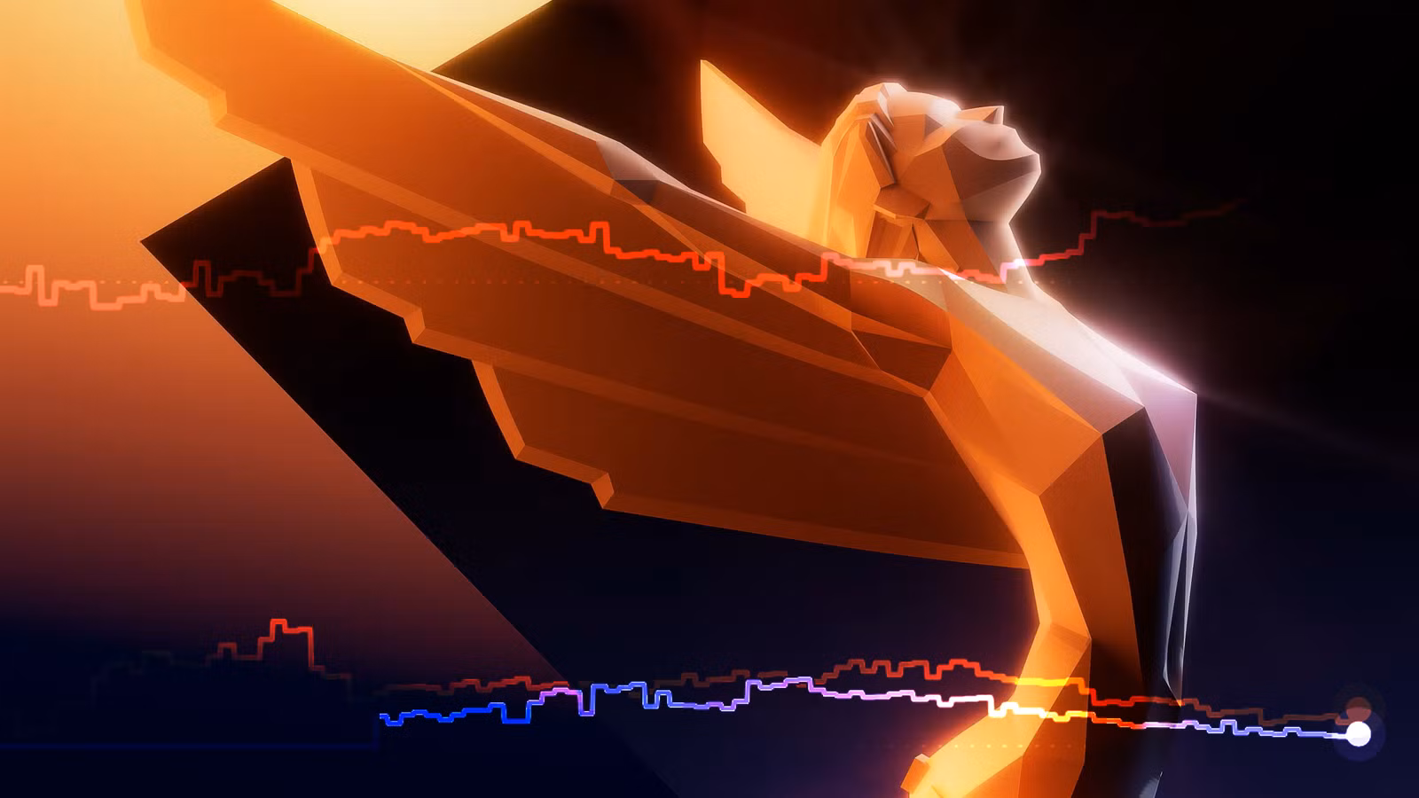 Uma imagem de um troféu do Game Awards sobreposto a gráficos
