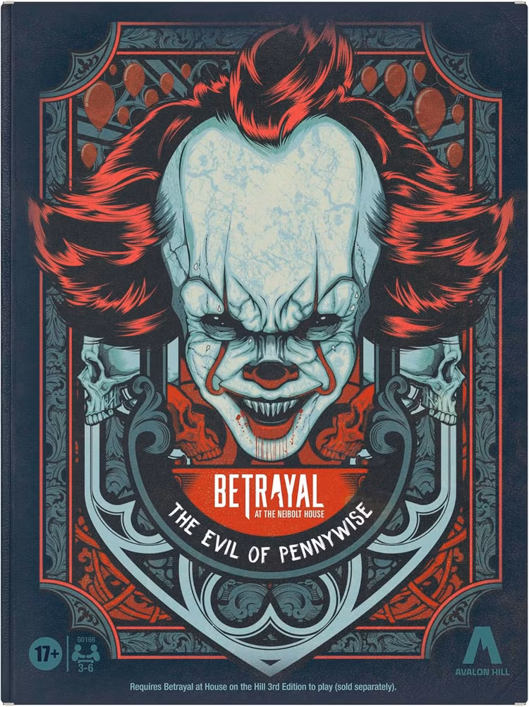 Arte da capa de Betrayal at The Neibolt House: The Evil of Pennywise Expansion, de Avalon Hill, com um palhaço malvado sorridente