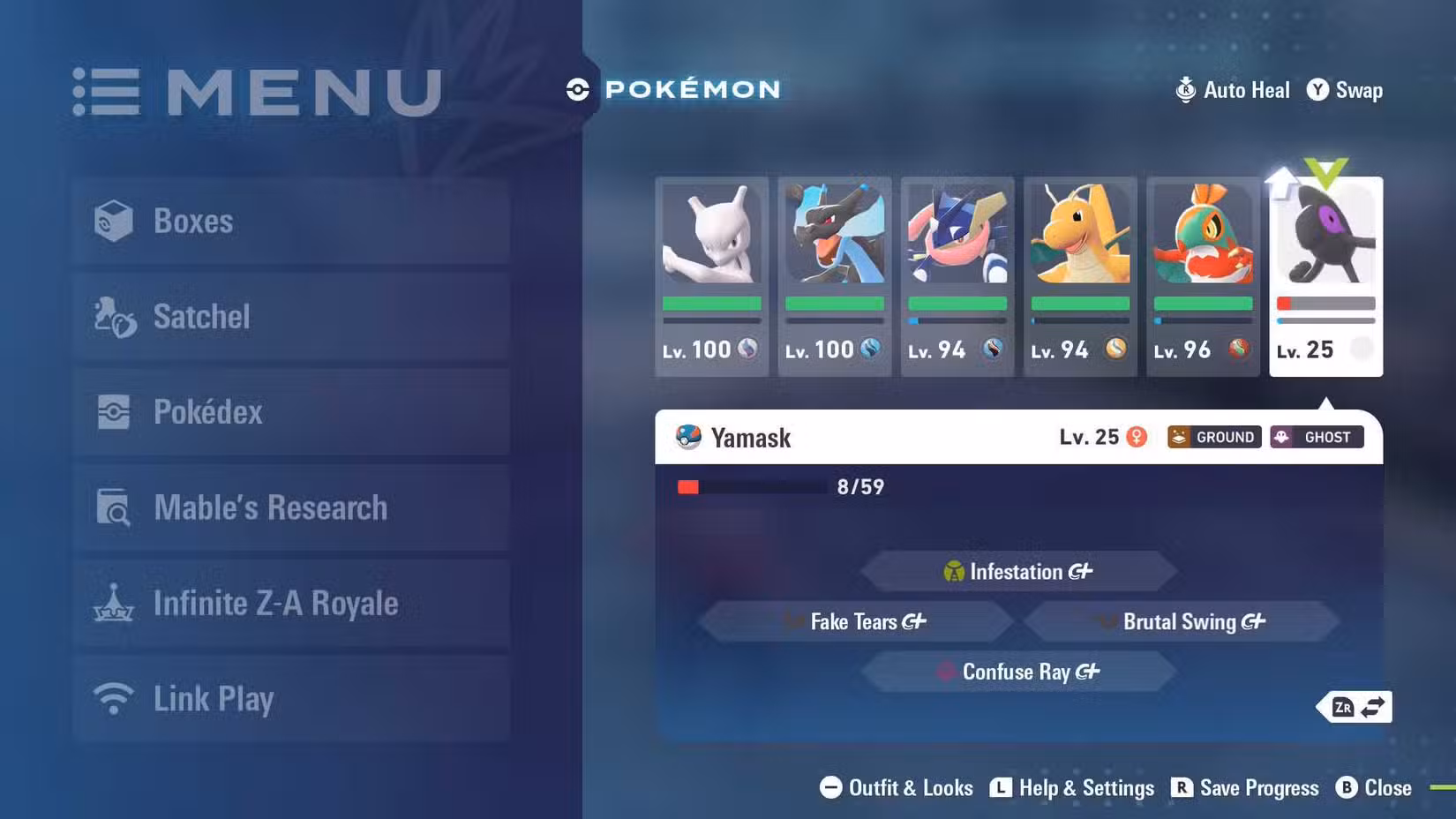 Menu Pokémon Legends ZA mostrando Galarian Yamask está pronto para evoluir