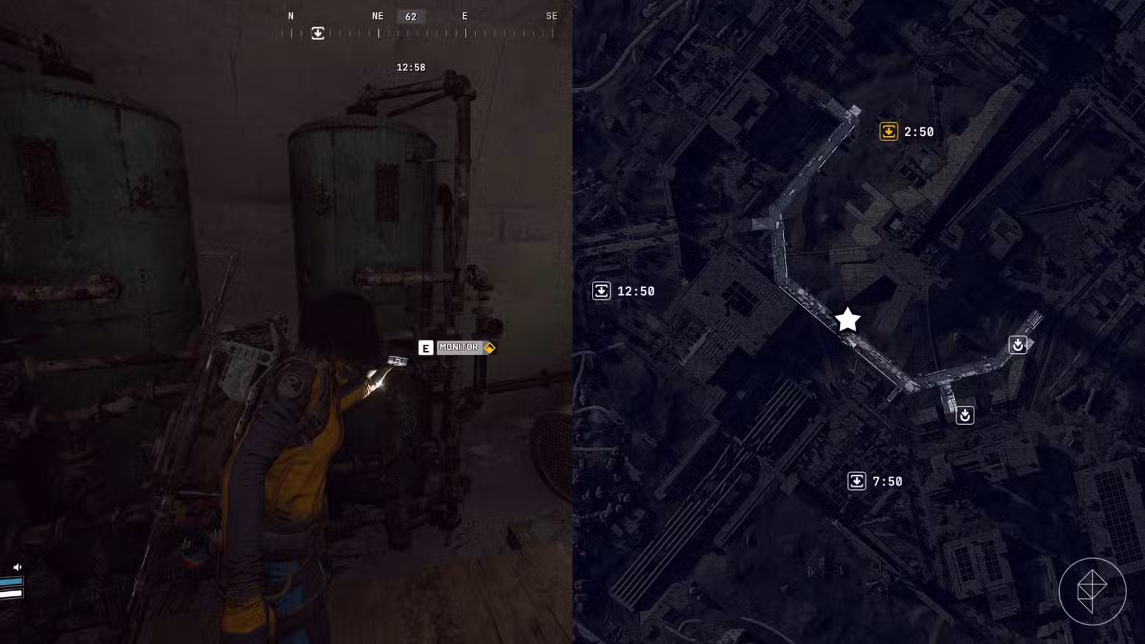 O jogador interagindo com o sistema de filtragem em Arc Raiders à esquerda, com a localização do mapa marcada à direita.