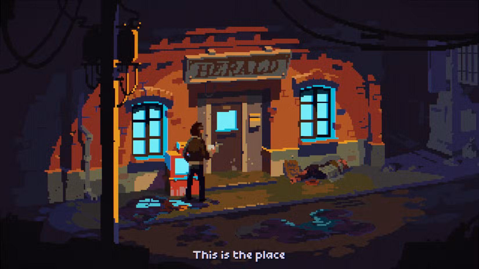 O personagem principal de The Drifter parado do lado de fora da redação de um jornal